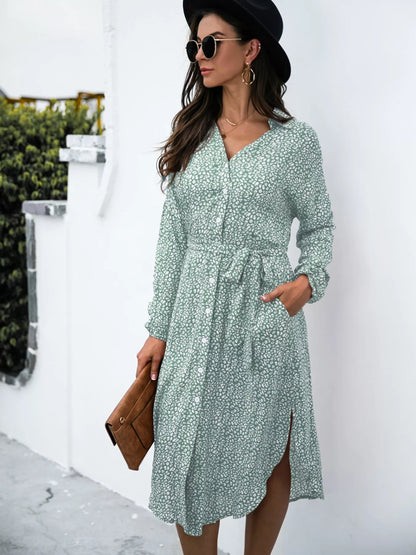 Button Down Printed Long Sleeve Shirt Dress