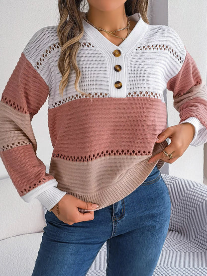 Color Block Striped V-Neck Button Detail Sweater