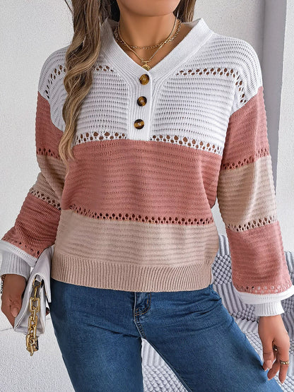 Color Block Striped V-Neck Button Detail Sweater