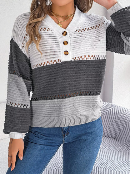 Color Block Striped V-Neck Button Detail Sweater