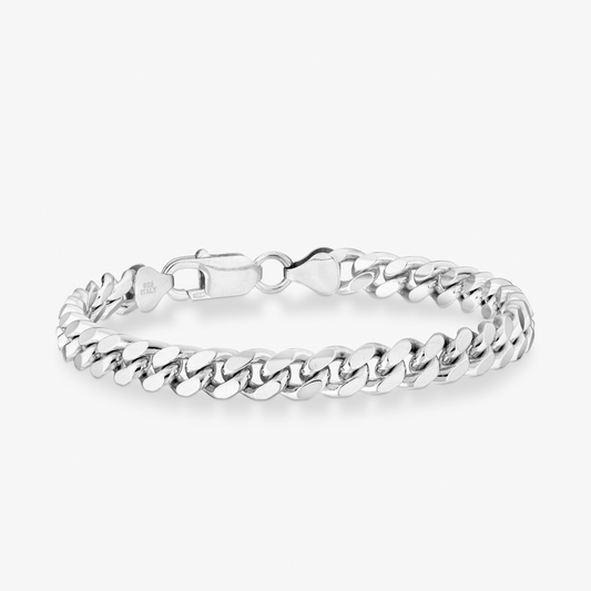 Thick Cuban Link Chain Bracelet in Rhodium Plated Sterling Silver, 7mm