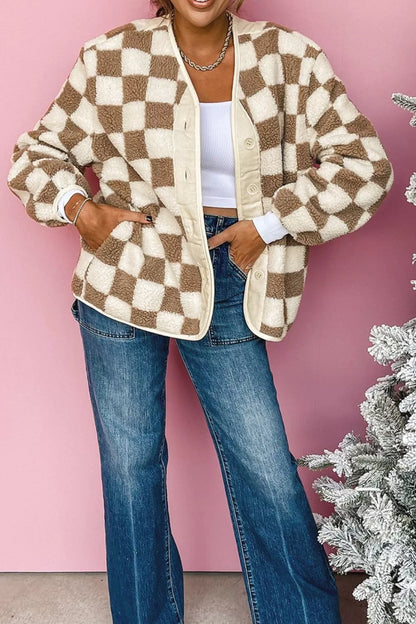 Checkered Sherpa Oversized Button Up Jacket