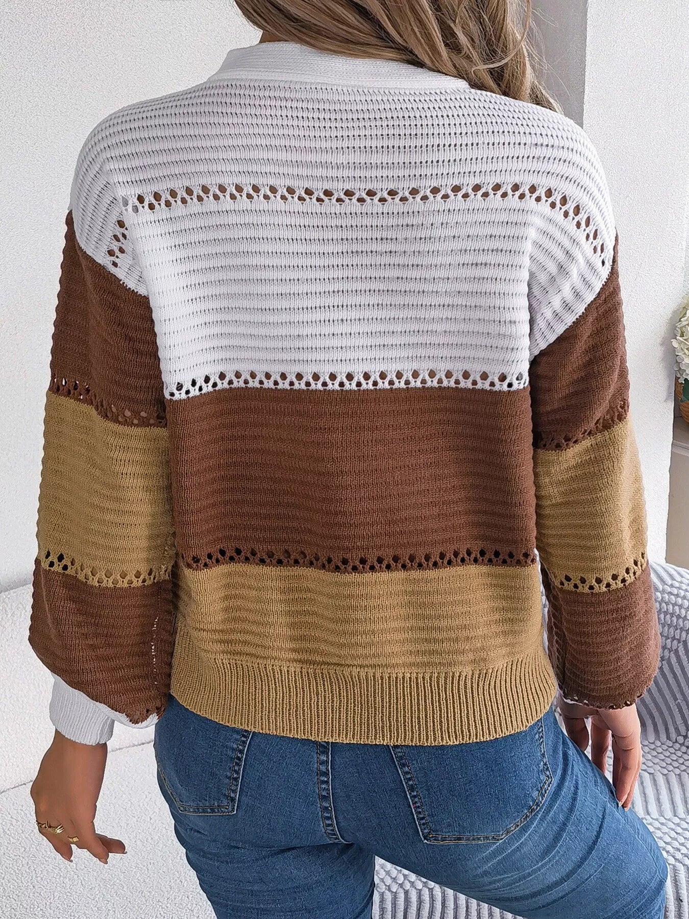 Color Block Striped V-Neck Button Detail Sweater