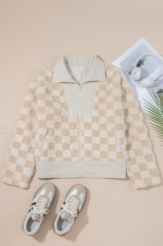 Checker Sherpa Corduroy Patchwork Zip-Up Jacket