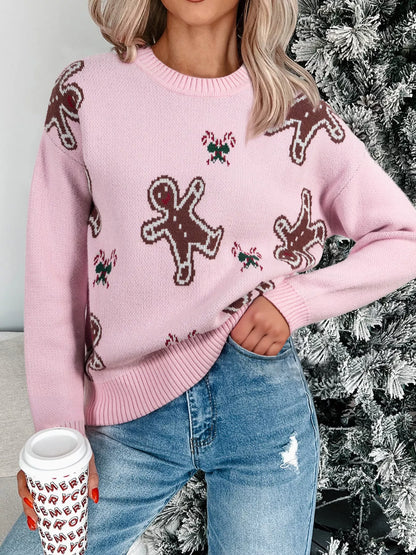 Christmas Ginger Bread Man Round Neck Casual Sweater