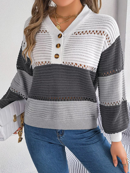Color Block Striped V-Neck Button Detail Sweater