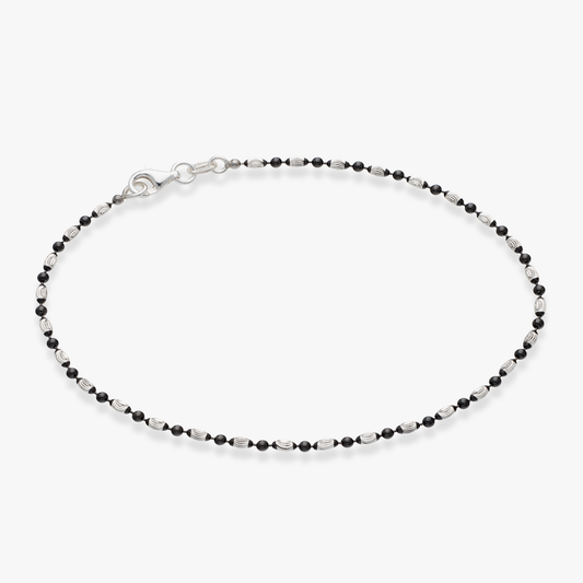 Diamond-Cut Oval and Round Bead Anklet in Black Rhodium Over Sterling Silver