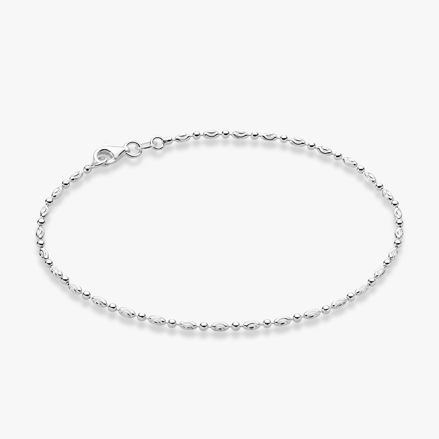 Diamond-Cut Oval and Round Bead Anklet in Sterling Silver
