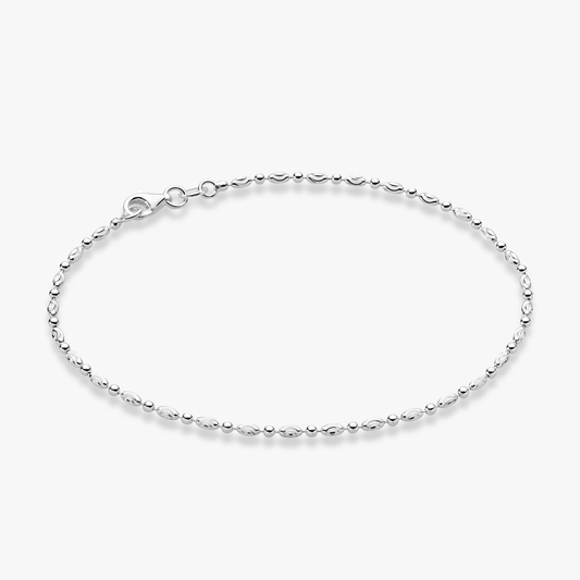 Diamond-Cut Oval and Round Bead Anklet in Sterling Silver