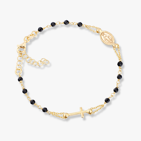 Natural Black Spinel Rosary Adjustable Bracelet in 18k Gold Over Sterling Silver
