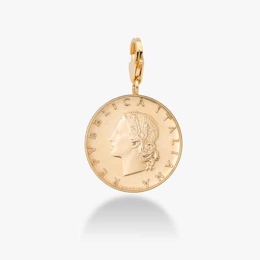 Original Italian 20 Lira Coin Charm Pendant with Lobster Clasp in 18k Gold Over Sterling Silver