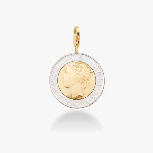 Original Italian 500 Lira Coin Charm Pendant with Lobster Clasp in 18Kt Gold Over Sterling Silver