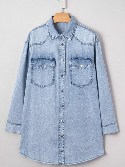 Chest Pocket Raw Hem Denim Loose Shirt Dress