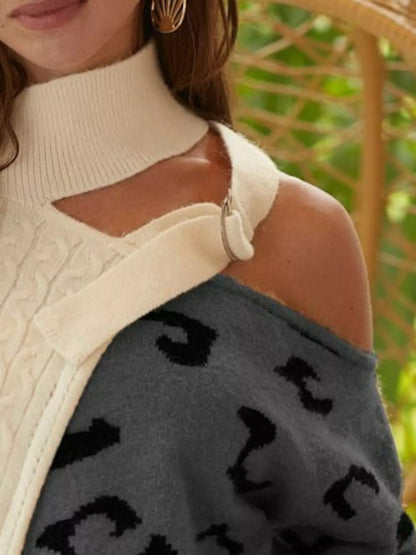 BiBi Cable-Knit Color Block One Shoulder Asymmetrical Sweater