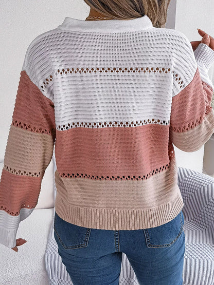 Color Block Striped V-Neck Button Detail Sweater