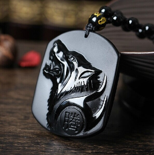 Black Wolf Obsidian Amulet